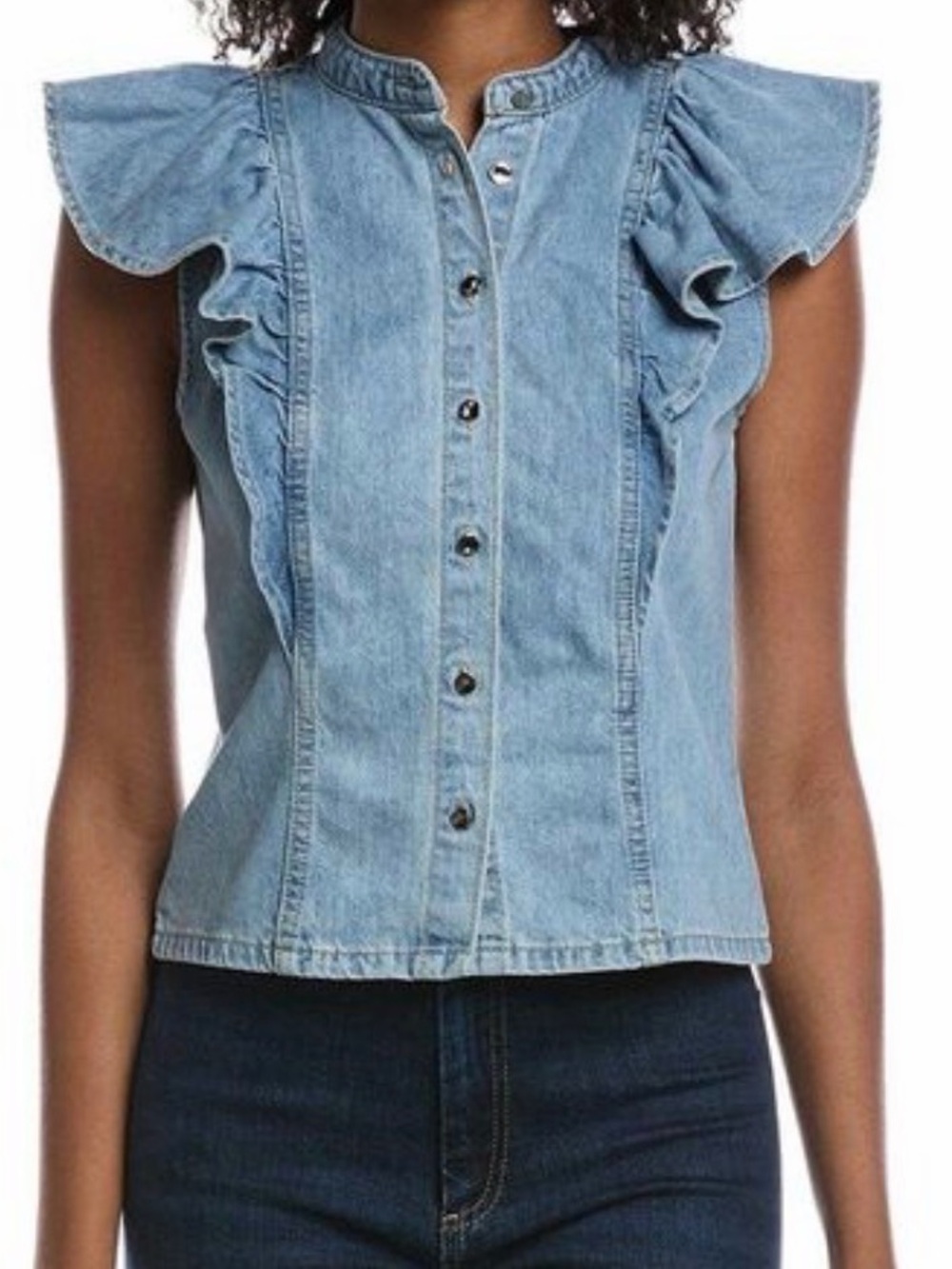Current/Elliott Blue Denim Ruffle Sleeve Button-Front Top